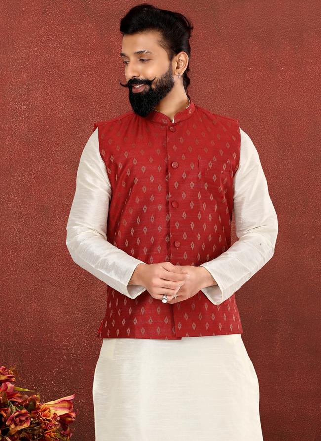 Cotton Silk Red Festival Wear Embroidery Work Readymade Men's Waist Coat